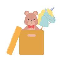 niños juguetes objeto divertido dibujos animados oso unicor en caja y coche bloques de dinosaurios vector