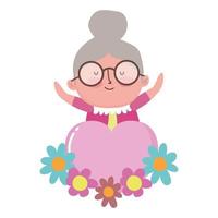 día de los abuelos, abuela corazón amor flores decoración de dibujos animados vector