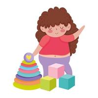 objeto de juguetes para que los niños pequeños jueguen dibujos animados, niña con cubos y pirámide vector