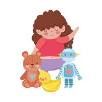 objeto de juguetes para que los niños pequeños jueguen dibujos animados, linda chica con oso de peluche robot y pato vector