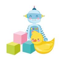 toys object for small kids to play cartoon, rubber duck robot and cubes vector