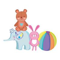 objeto de juguetes para que los niños pequeños jueguen dibujos animados, oso de peluche, conejo, elefante, pelota vector