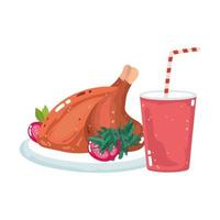 fast food roasted chicken and soda vector