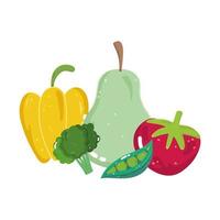 food vegetables and fruit pear pepper tomato broccoli and peas menu fresh diet ingredient vector