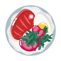 comida cena menú dibujos animados frescos filete de ternera huevo cocido y tomates en plato vector