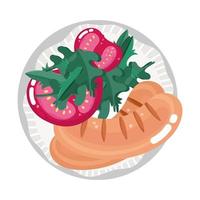 menú de la cena de comida salchichas frescas de dibujos animados y rodajas de tomates en un plato vector