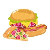 pizza de comida rápida hot dog y hamburguesa vector