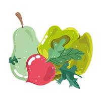 menú de ingredientes alimentarios dibujos animados frescos rábano pera y lechuga vector