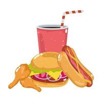 fast food menu restaurant unhealthy burger hotdog chicken and soda vector