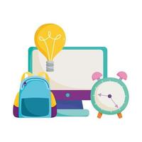 regreso a la escuela, mochila, reloj, computadora, idea, educación elemental, caricatura vector