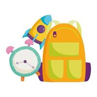 back to school, backpack clock and rocket elementary education cartoon vector