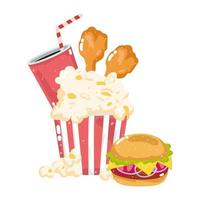 fast food menu restaurant unhealthy popcorn chicken hamburger and soda vector