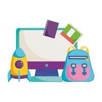 regreso a la escuela, mochila cohete computadora y libros dibujos animados de educación elemental vector