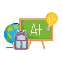 back to school, chalkboard backpack globe map elementary education cartoon vector