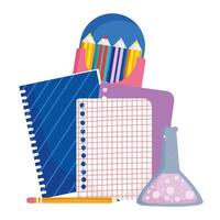 back to school, notebook paper test tube and color pencils elementary education cartoon vector