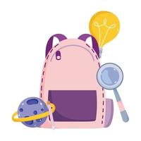 back to school, backpack saturn planet magnifier idea elementary education cartoon vector
