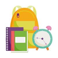 regreso a la escuela, reloj de mochila y libros dibujos animados de educación elemental vector