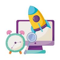 back to school, computer rocket and clock alarm elementary education cartoon vector