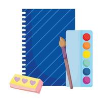 back to school, notebook eraser brush and color palette elementary education cartoon vector