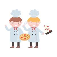 chefs cartoon character with pizza vegetables and spatula vector