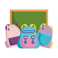 regreso a la escuela, pizarra y mochilas de dibujos animados de educación elemental vector