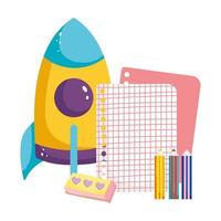 back to school, grid paper eraser color pencils and rocket elementary education cartoon vector