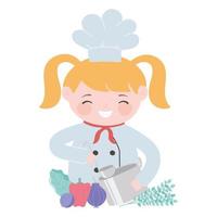 chef blonde girl with pot pepper onion beet cartoon character vector