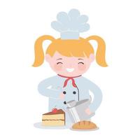 Chef chica rubia cocinando con pan de olla y personaje de dibujos animados de pastel vector