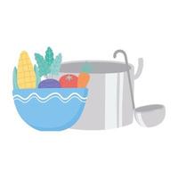 Alimentos verduras frescas en un tazón y una olla con cucharón de diseño de icono aislado fondo blanco. vector