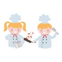 chefs girl and boy with ladle saucepan and vegetables cartoon character vector