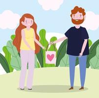 young couple with gift bag love romantic heart cartoon vector