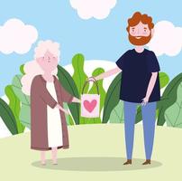 cute grandma and young man with gift bag love heart cartoon vector