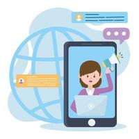 smartphone woman in video with speaker and laptop work marketing social network communication and technologies vector