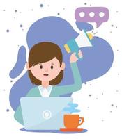 woman with megaphone and laptop working social network communication and technologies vector