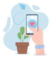 Mano con smartphone mensaje de amor, comunicación y tecnologías de redes sociales vector