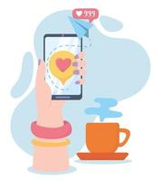 female hand with smartphone like website coffee cup social network communication and technologies vector