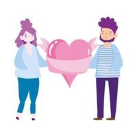 young couple holding pink heart love romantic cartoon design vector