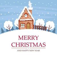 Snow landscape design with house for merry christmas card