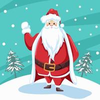 Design of santa claus waving for christmas with snow landscape background