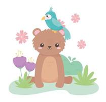 lindo oso y loro flores hierba animales de dibujos animados en un paisaje natural vector