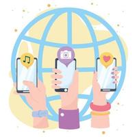 hands with smartphone world application social network communication and technologies vector