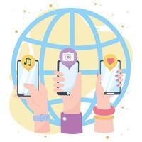 hands with smartphone world application social network communication and technologies vector