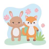 cute fox rabbit flowers foliage cartoon animals in a natural landscape vector