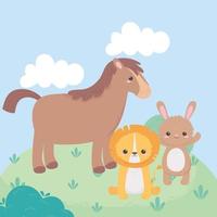 lindo caballo león y conejo prado animales de dibujos animados en un paisaje natural vector