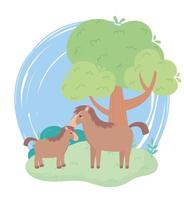 lindo caballo y potro árbol arbusto hierba animales de dibujos animados en un paisaje natural vector