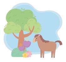 lindo caballo flores árbol hierba animales de dibujos animados en un paisaje natural vector