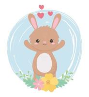 lindo conejito flores corazones adorables animales de dibujos animados en un paisaje natural vector