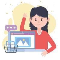 young woman online shopping with laptop social network communication and technologies vector