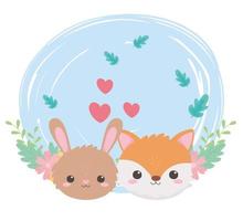 cute rabbit fox faces hearts leaves cartoon animals in a natural landscape vector