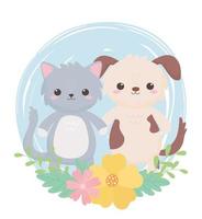 lindo gato y perro flores follaje animales de dibujos animados en un paisaje natural vector